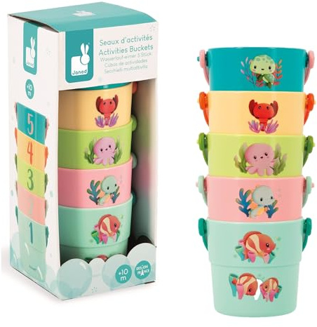 Janod – 5 Bade-Aktivitätseimer – Baby-Badespielzeug – Frühentwicklungsspiel mit Meerestieren – Ab 10 Monaten – J04722