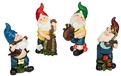 Relaxdays Set da 4 Gnomi da Giardino, Musicisti, Statua Nano, in Poliresina Antigelo e Resistente Intemperie, Colorato