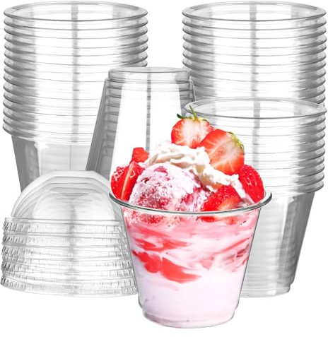 Giwrmu 9 oz 50 Count Clear Plastic Cups, Ice Cream Cups with Dome Lids,PET Plastic Disposable Drinking Cups, Transparent Party Cups Perfect for Picnic, BBQ,Party, Travel and Events