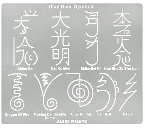 Aleks Melnyk Nr.406 Metallschablone, Usui-Reiki-Symbole, chinesische und japanische Schriftzeichen, kleine Schablone, 1 Stück, Vorlage für Holzverbrennung, Gravur, Basteln, Sammelalbum