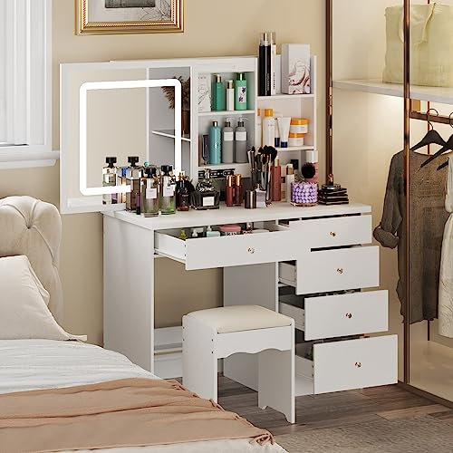 Caldion Große Schminktisch mit Schiebespiegel und LED-Beleuchtung, Kosmtiktisch und Hocker, Schminktische, Frisiertisch Kosmetikkommode mit 5 Schubladen Regale,für Schlafzimmer, Weiß,100x50x135cm