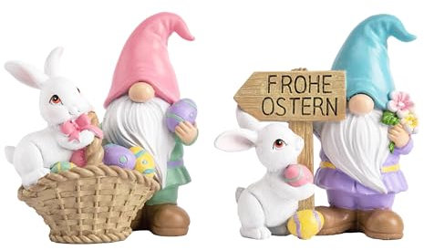 Valery Madelyn 2 Stück Gartenzwerge Osterhasen für Osterdeko modern mit Ostereier,Frühlingsdeko Gartendeko Wichtel Figuren für draußen,Tischdeko,Ostern Geschenke,12cm,Rosa Blau,(L)