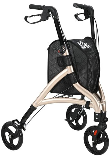HOMCOM 3 Wheel Rollator, Lightweight Aluminium Tri Walker with Adjustable Handle, Storage Bag and Dual Brakes, Folding Mobility Walking Aid for Elderly, Handicapped, 5.3kg, Gold Tone