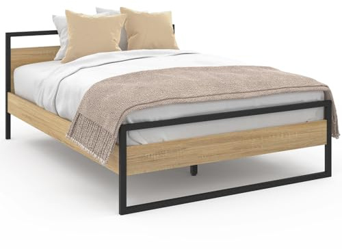 IDMarket - Lit Double Industriel Detroit 140 x 190 cm Bois et métal Noir | Avec tête de lit, sommier design industriel