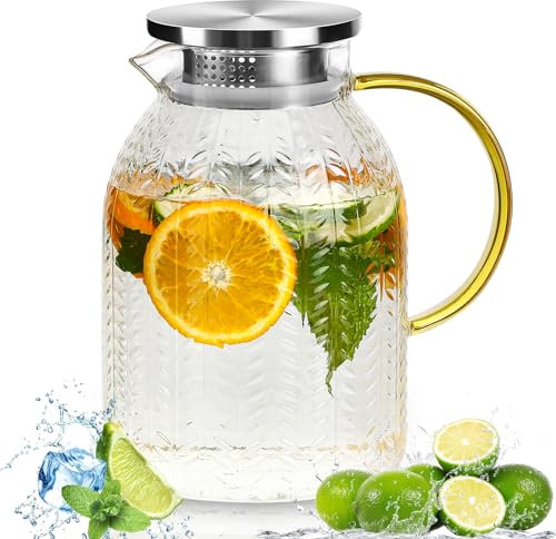 Caraffa in Vetro 2L, Caraffa Vetro con Acciaio inossidabile Coperchio, Trasparente e Resistente Brocca Acqua Vetro, Caraffa Refrigerante per il tè Freddo, Acqua Calda, Fredda, Caffè, Latte, Succo,