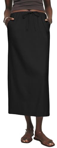 IDEALSANXUN Black Skirt with Slit 2026 Spring Summer Cotton Linen Elastic Waist Pull On A Line Long Skirt with Drawstring, Black, L