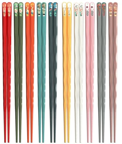 10 Pairs Reusable Chopsticks, 9.5-Inch Dishwasher Safe, Heat-Resistant, Non-Slip, Colorful Chinese Style Chopsticks with Unique Pattern Designs (Wavy)