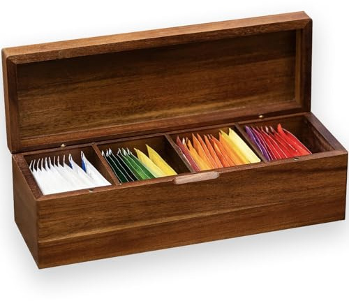 Acacia Wooden Tea Bag Organizers, Tea packet Storage Boxes, Tea Caddy for Tea Bags Chest, Teabag Holder Containers, Teabox Station Display, Organizador De Tes Caja Para Te, 4 Compartments