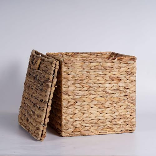 GRUGOODS Lot de 2 paniers de rangement tressés en jacinthe d'eau - Cubes de rangement pliables - Pour salle de bain, linge, chambre à coucher - Taille L : 30,5 cm