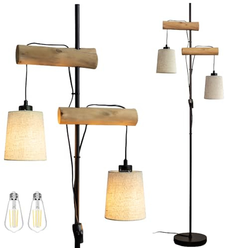 Osasy Lampadaire sur Pied Design, Bois Naturel avec 2 Abat-jours en Lin, Style Retro Moderne, avec LED, pour Salon et Chambre