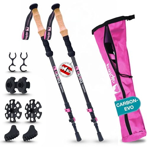 Alpteq® Bâtons de randonnée télescopiques en Carbone - Bâtons de Trekking Ultra légers en Fibre de Carbone et Aluminium pour Femmes, Hommes et Enfants - Réglable de 65 à 135 cm - Bâtons de Marche