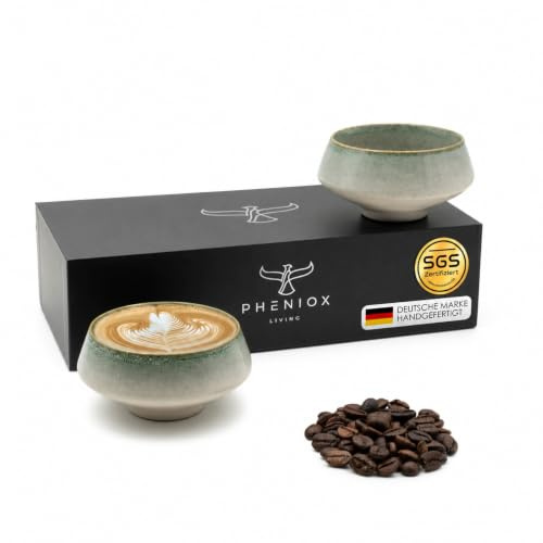 Pheniox | Juego de tazas de cappuccino Barista Verde - 2x 180 ml | Tazas de porcelana de alta calidad para latte art - Tazas de café sin asa | Diseño atemporal y moderno - Aptas para lavavajillas |