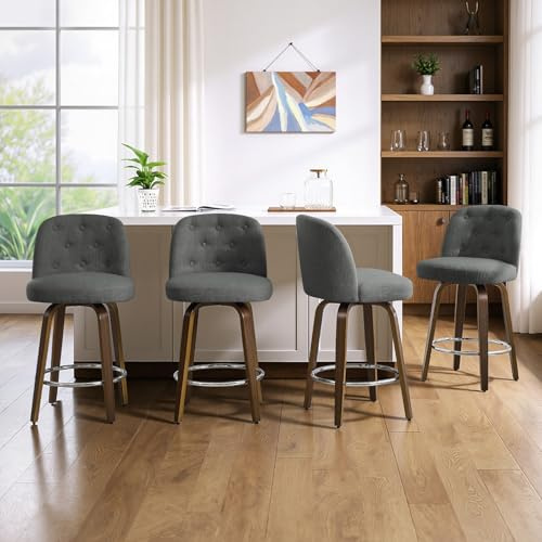 Bekrvio Holz-Beine Drehbarer Barhocker 4er Set, Dick Gepolsterter(10cm) Barstuhl mit Lehne, 65cm Sitzhöhe Drehsessel–Barstool, Tresenhocker 150kg Belastbar, Moderner Küchenstühle