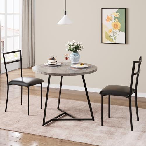 Hapihom Dining Table and Chairs Set 2, Modern Design Round Kitchen Table with Metal Legs and Chairs with Padded Seat, Breakfast Bar Home Furniture for Home Office Small Space Cafe Bistro