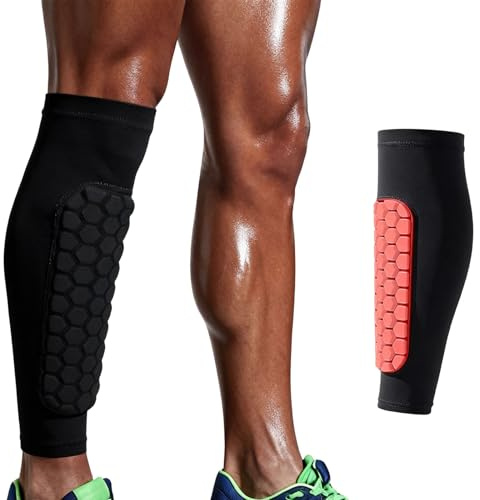 Shin Guards Pads for Men Women Teens, Football Ski Shin Protecter with Breathable Elastic Honeycomb Pads, Thickened Sleeve Ski Shin Guards for Impact Protection and Comfort (Black, L)
