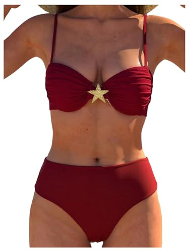 SHENHE Women's Push Up Bikini Set High Waisted Underwire Bandeau 2 Piece Swimsuits Burgundy Medium