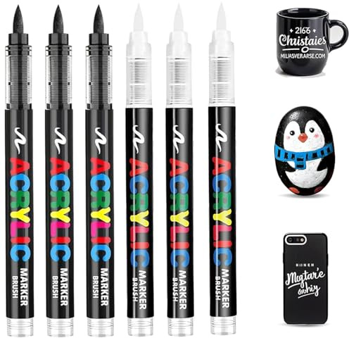 LEMONSTONE Akrylmarkörer, 3 svart + 3 vitt, akrylmarkörer, vitt, 1-5 mm stiftpennor, svart, permanenta markörer, svart set, akrylmarkörer, vattentäta, för canvas, sten, glas, trä