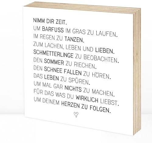 Wunderpixel® Holzbild Nimm Dir Zeit - 15x15x2cm zum Hinstellen/Aufhängen, echter Fotodruck mit Spruch auf Holz - schwarz-weißes Wand-Bild Aufsteller Zuhause Büro zur Dekoration Geschenk-Idee