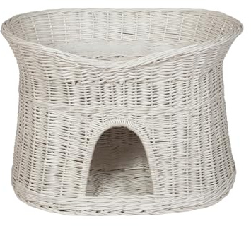 Katzenkorb zum Schlafen – Katzenhütte Indoor – Größe L: 60 cm oval – Katzenhöhle aus Weide – Zweistöckiger Hunde – oder Katzenbett – Weiße korbfarbe