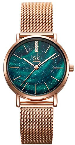 Alienwork Armbanduhr Damen Roségold Metall Mesh Armband Edelstahl Grün Ultra-flach Elegant