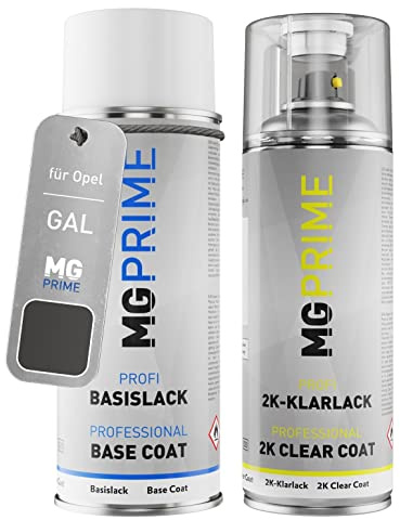MG PRIME Autolack Spraydose für Opel GAL / 177 Technical Grey Metallic +2K | Karbongrau Metallic, Set aus Basislack + 2K Klarlack, Sprühdosen 400ml