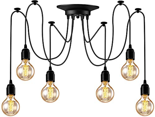 YNXing - Suspension Edison vintage - Réglable - Lampe suspendue - Luminaire industriel - Lustre noir - 1, 3, 5, 6 têtes - 6 supports de lampe