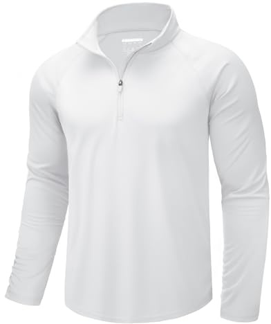CRYSULLY Men's Long Sleeve Sun Shirts UPF 50+ Tees 1/4 Zip Up Fishing Running Rash Guard T-Shirt Outdoor Pullover White M