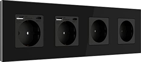 PULSAR USB-C USB-A Steckdose Unterputz Glas Schwarz 4-Fach, Schnellladen | Steckdose USB-C USB-A 4-Fach Glas Schwarz - Schuko Wandsteckdose Unterputz mit 4 USB-Schnittstellen max 20W Schnellladen
