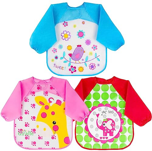 Vicloon Vattentät babyhaklapp, 3 st, med långa ärmar, unisex, haklappar i set för mat, konst, hantverk, målning och lek (rosa-blå)