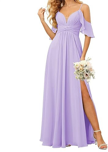Vestidos de dama de honor largos con hombros descubiertos para mujer, con mangas con volantes, vestido formal de gasa con bolsillo, Lila, 54