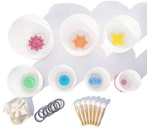 Kit de 7 Piezas de 6 a 12 Pulgadas, Cuenco Tibetano de Cristal de Cuarzo Esmerilado con Chakras, con Estuches de Transporte Resistentes, mazos para Cuencos tibetanos, para meditaci