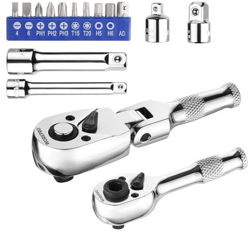 WORKPRO 2-teiliges Mini-Ratschen-Set, 3/8 Umschaltknarre mit Flexkopf, 72-Zahn, 1/4 Ratschengriff mit Dual-Schraubendreherkopf, Ratschenschlüsselsatz, mit 14 Zubehörteilen, für Auto und Fahrrad