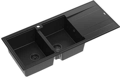 QUADRON fregadero doble cubeta Carbono Puro, EVAN 121 GraniteQ, fregadero de cocina de granito de 2 cubetas en 1160x500x210 mm, Push 2 Fregadero abierto con sifón, diseño moderno con escurridor