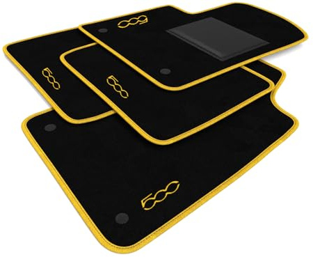 DHCarMats | Alfombrillas de Auto para 500 Desde 2010 Borde Amarillo Bordado | Alfombrillas de Auto Alfombra Personalizado | Accesorios de Coche - Conjunto Completo
