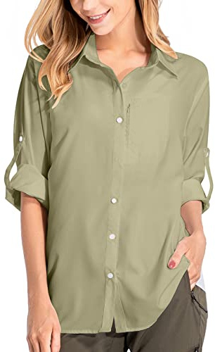 KaloKLU - Camisa de Safari para mujer, protección solar, secado rápido, ligero, manga larga, blusa de viaje para mujer, senderismo y camping, 5019# Caqui, M