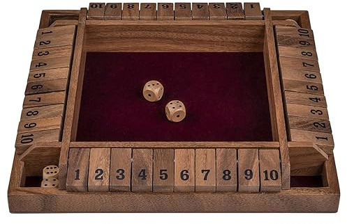 Engelhart – 300406 – Fejka lådan (Shut the Box) för 4 spelare – Trälåda med filtinsida – 8 trätärningar – Traditionellt tärningsspel – 29 × 29 × 3,5 cm