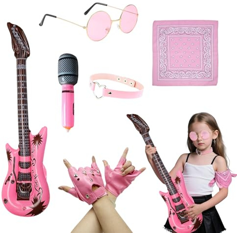 TUONYIS 6 Pezzi Rocker Fancy Dress Accessori per Bambini Punk Rockstar Fancy Dress Gothic Rocker Costume Set con Guanti Occhiali da Sole Bandana Gonfiabile Chitarra Microfono Collane (Rosa)