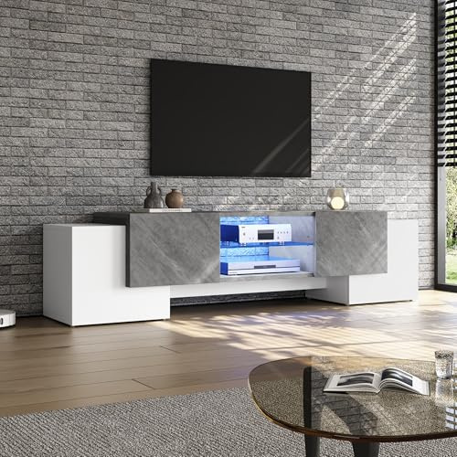 Merax TV Schrank, TV Lowboard mit LED-Beleuchtung, Moderner Fernsehschrank für 60/65/70 Zoll Fernseher, TV Ständer mit 4 Türen, Glasböden, TV Bank für Wohnzimmer Schlafzimmer, TV Möbel, Weiß & Grau