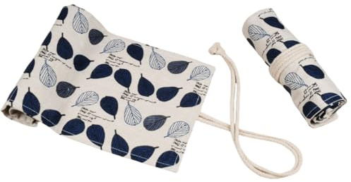 Pen Curtain Plant Pattern Canvas Pen Curtain Sketch Pencil Roll Bag Bundled Pencil Case-Blue Mint Leaves-60 Holes