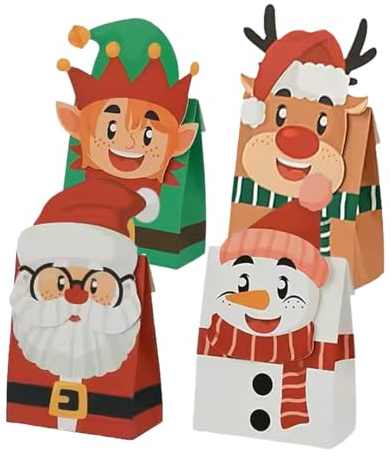 Kapulina Lot de 24 boîtes cadeaux de Noël – 4 motifs : Père Noël, bonhomme de neige, renne et elfe – Emballage cadeau pour Noël – Convient également comme calendrier de l'Avent – Boîtes pliantes à