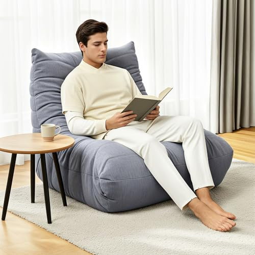 RelaxRelife Puf de espuma de alta densidad para sofá, sofá de suelo de chenilla con respaldo, sillón de lectura para interior, sofá perezoso para salón y dormitorio (gris)