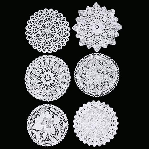 6 PCS White Vintage Crochet Doilies, 6 to 7 Inch Vintage Crochet Doilies Round Lace Placemats Handmade Coasters, Rustic Table Decor for Wedding Party Dining Kitchen