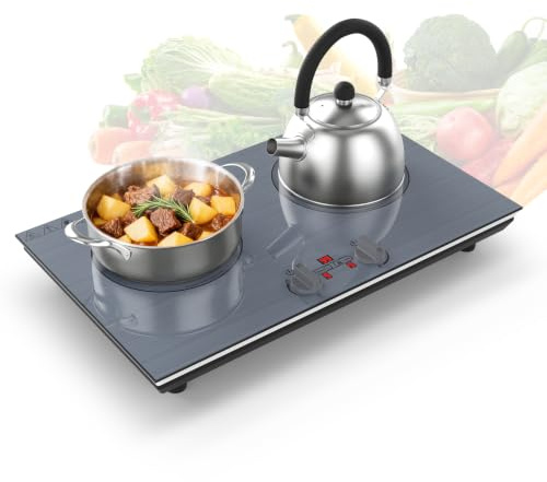 GIHETKUT 2 burner Induction hob,220V 3600W induction hob with Brushed Panel,Knob Control,9 Power Levels, Kids Lock & Timer,LED touch control 2 burner hob