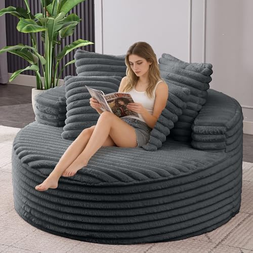 Oversized Corduroy Bean Bag Chair with Pillow, Round Sofa for Living Room | Ultra-Soft Corduroy Fabric, Comfortable Skin-Friendly Touch