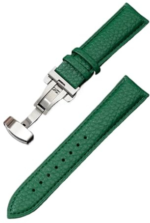 yingyingjia Kalvskinnsarmband Litchi Grain-rem Klocktillbehör 18/20/22/24 mm Armband i äkta läder med fjärilsspänne(Green,18mm)