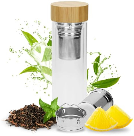 Teeflasche mit Sieb To Go 450ml mit Bambusdeckel - Glasflasche Isolierflasche doppelwandig - Perfekter Teeaufbereiter To Go - 100% BPA FREI (Glas/Bambus)