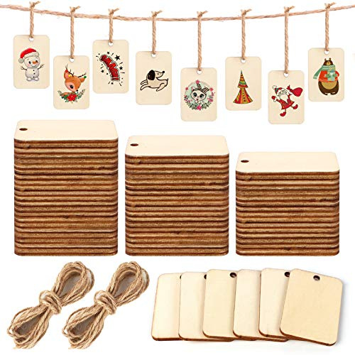 Aipaide 200 Stück unlackierte leere Holzquadrate, rechteckige Geschenkanhänger aus Holz, leere Holzscheiben, Anhänger mit Loch und 2 Stück 2 m Hanfseil für Brandmalerei, Malerei, Hängedekorationen, 2