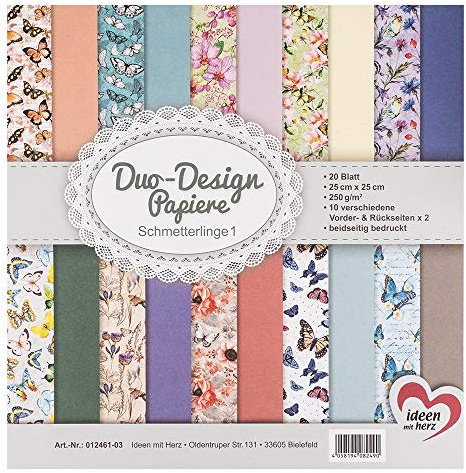 Ideen mit Herz Papeles Duo-Design | Bloc con 20 Hojas de Craft | 25 x 25 cm | 250g/m² | Impreso por Ambas Caras | Papel de Diseño con Motivos | Ideal para Scrapbooking (Mariposas 01)