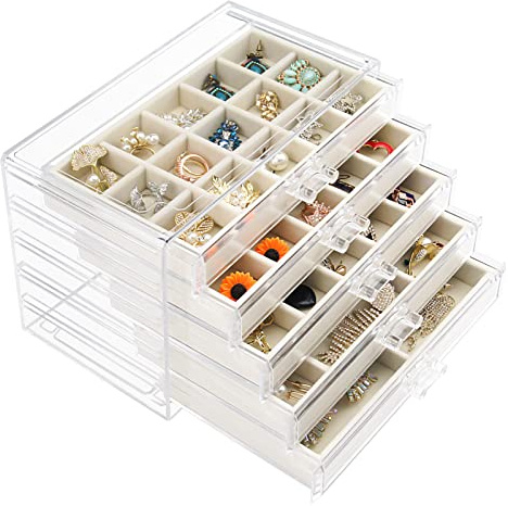 Watpot Acrylic Jewelry Box with 5 Drawers, Clear Earring Storage Organizer Display Case for Women Girls, Beige