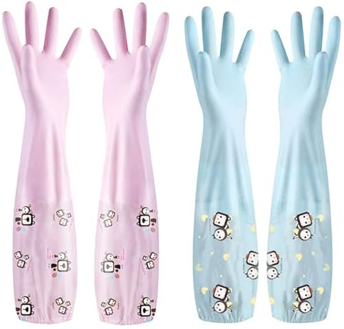 AOOPOO Wasserdichte Gummi-Geschirr-Waschlappen - 2 Paar wasserdichte Küchenhandschuhe, Flock-Futter, Reinigungshandschuhe für die Reinigung des Hauses, langer rutschfester Schutz (Rosa & Blau)